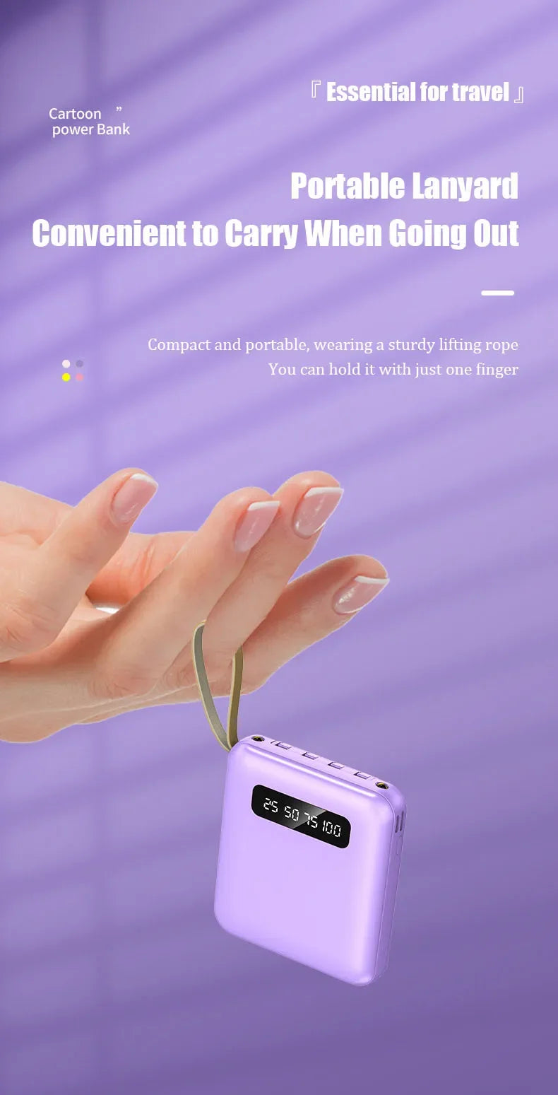 Phone Power Bank with 4 Charging Cables Mini Large Capacity Mirrored Power Bank Portable Fast Charging Powerbanks 20000 10000mAh