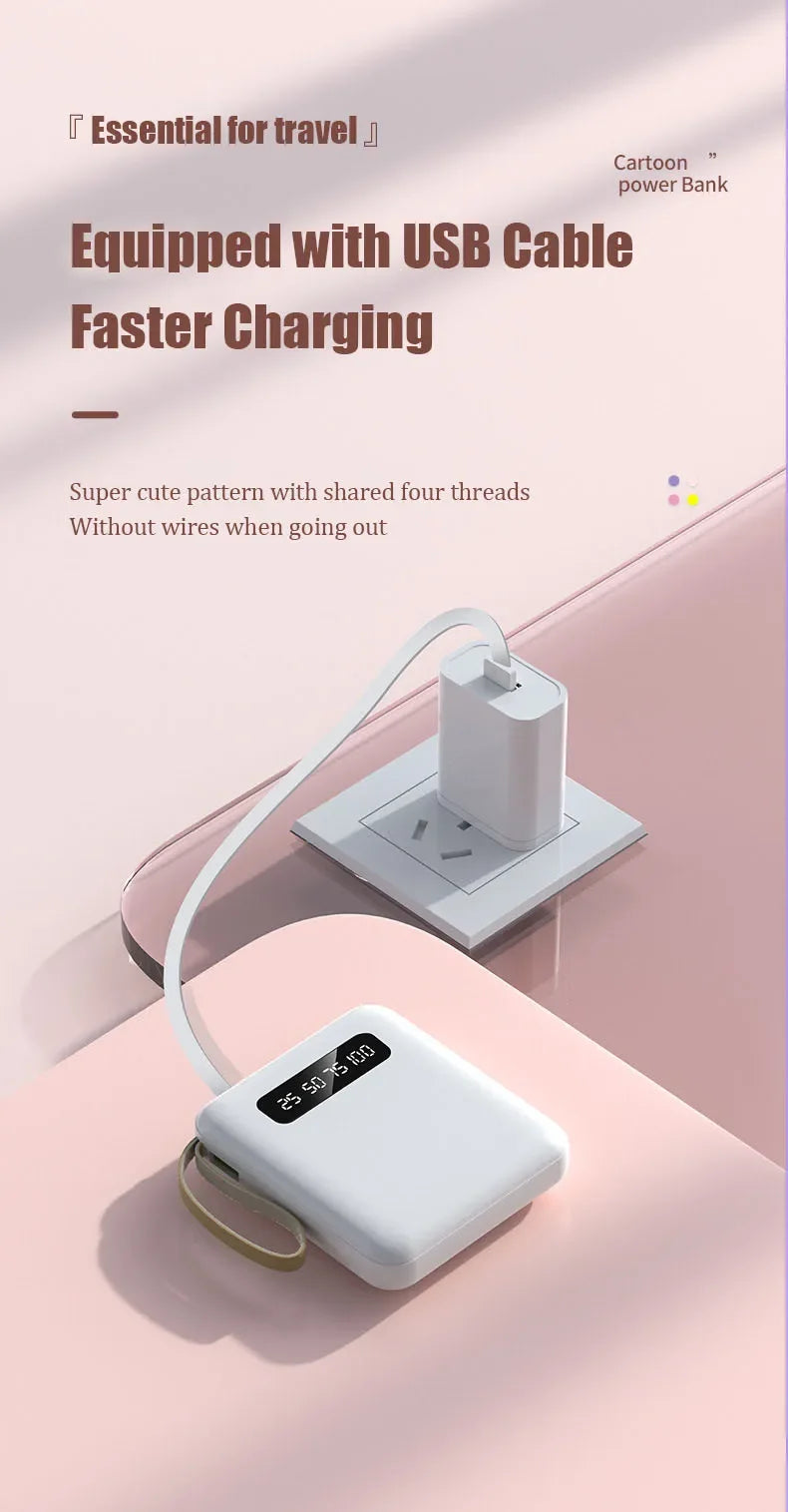 Phone Power Bank with 4 Charging Cables Mini Large Capacity Mirrored Power Bank Portable Fast Charging Powerbanks 20000 10000mAh