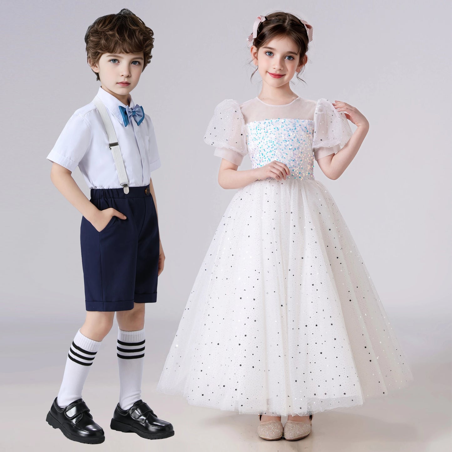 Kids Girl Princess White Long Dress For Occasions And Boy 2pcs Shirt+Pant Suit