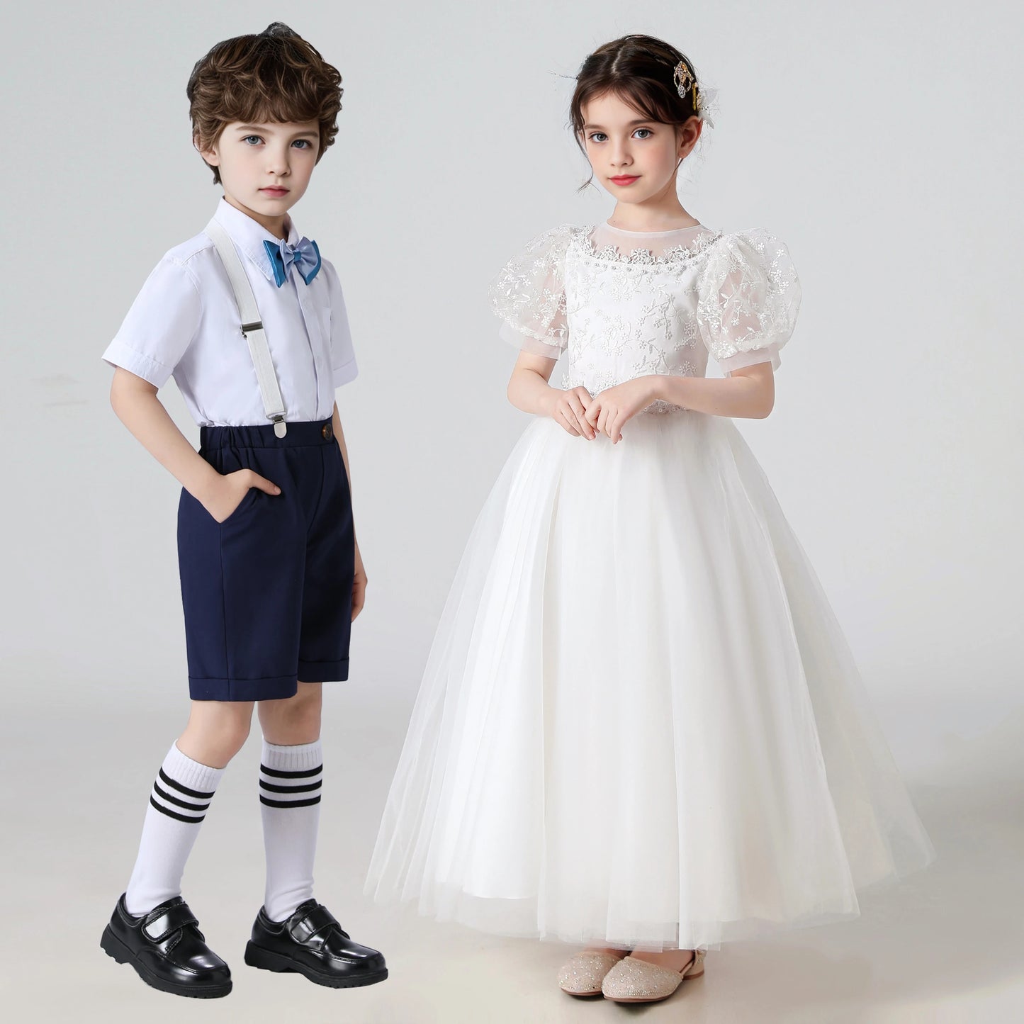 Kids Girl Princess White Long Dress For Occasions And Boy 2pcs Shirt+Pant Suit