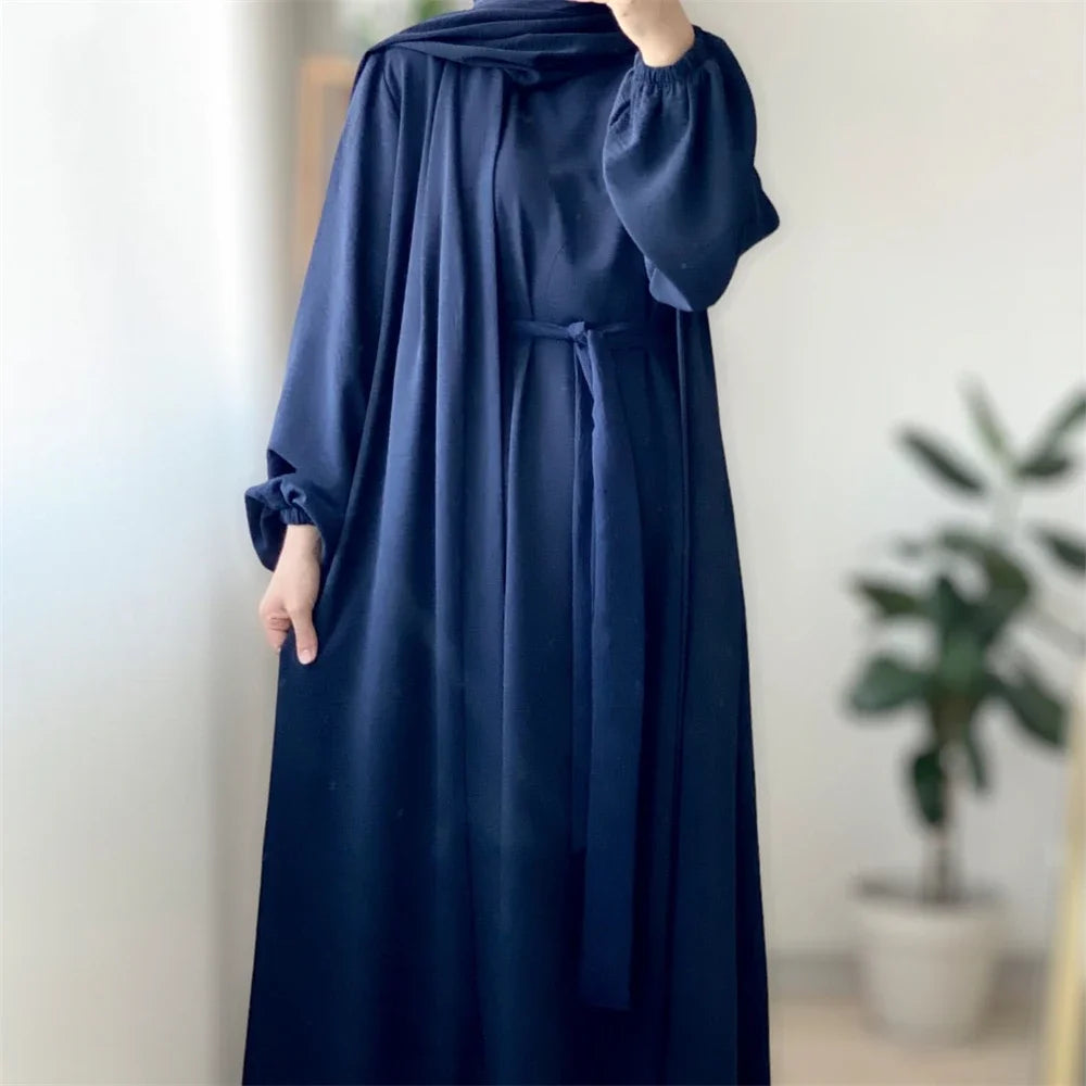 New Abaya Set Crinkle Fabric Open Abaya+Inner Long Dress Islamic Clothing Muslim Women Dresses Set