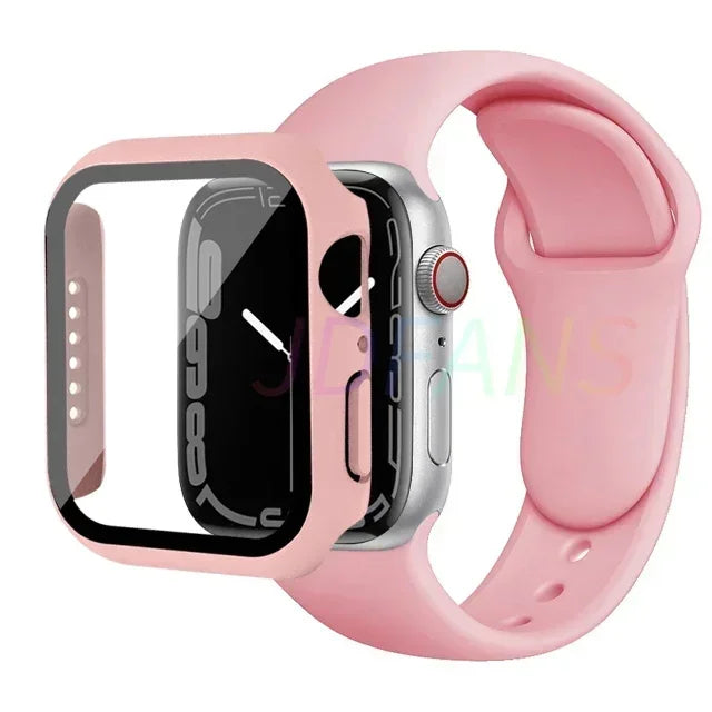 Glass+Case+Strap for Apple Watch Band 42mm 44mm 41mm 40mm 38mm 45mm 49mm Screen Protectors for Apple IWatch Series 8 7 6 SE 5 4