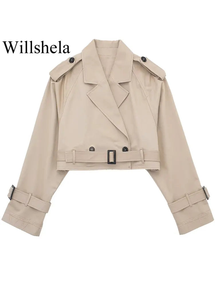 Women Fashion With Belt Cropped Trench Jacket Vintage Notched Neck Long Sleeve Coat