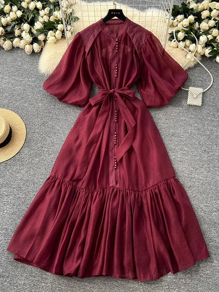 European American Dress in White Black Fashionable Lantern Sleeves Cinching Large Swing Long Dress