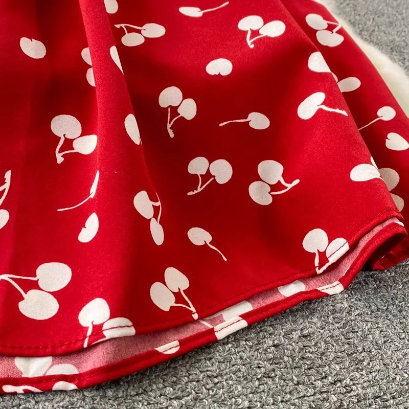 Women Dress Casual Vintage Drawstring Slim Waist A-line Long Dress Korean Fashion Sweet Cherry Printed Summer Dress