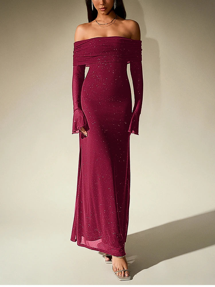 Women's Bell Sleeve Off Shoulder Sequin Long Dress Backless Double Layer Maxi Dresses
