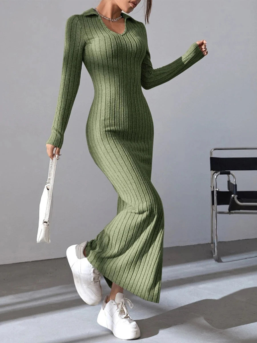 Women's Fall Winter Knitted Dress Long Sleeve Lapel Collar Solid Color Bodycon Long Dress