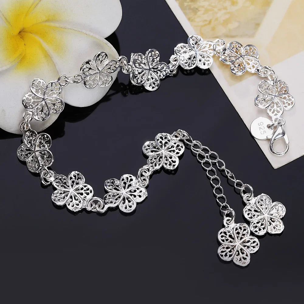 Silver charm Flowers Chain Bracelets for Women luxury Fashion Party Wedding Accessories Jewelry Christmas Gifts