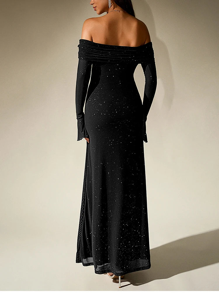 Women's Bell Sleeve Off Shoulder Sequin Long Dress Backless Double Layer Maxi Dresses