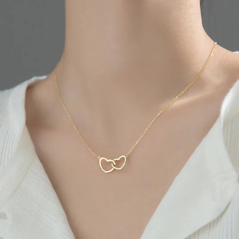 Double Heart Pendant Necklace for Women Couple Stainless Steel Choker Gold Color Chain Wedding Party Friends Jewelry Gift