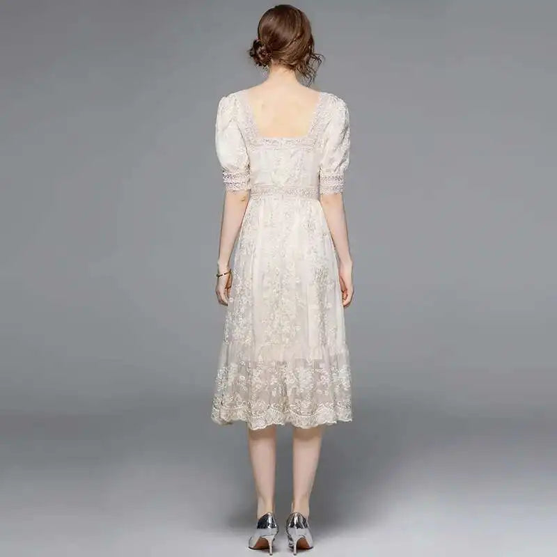 Flower Embroidery White Lace Prom Dresses Women Short Sleeve Fashion Dress Female New Style