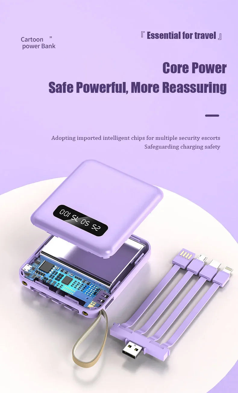 Phone Power Bank with 4 Charging Cables Mini Large Capacity Mirrored Power Bank Portable Fast Charging Powerbanks 20000 10000mAh