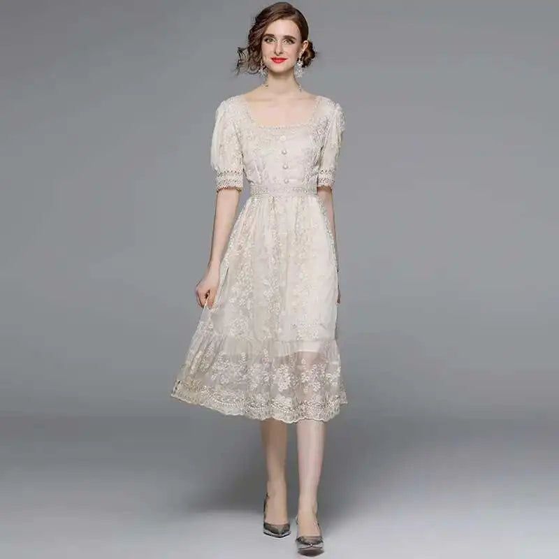 Flower Embroidery White Lace Prom Dresses Women Short Sleeve Fashion Dress Female New Style