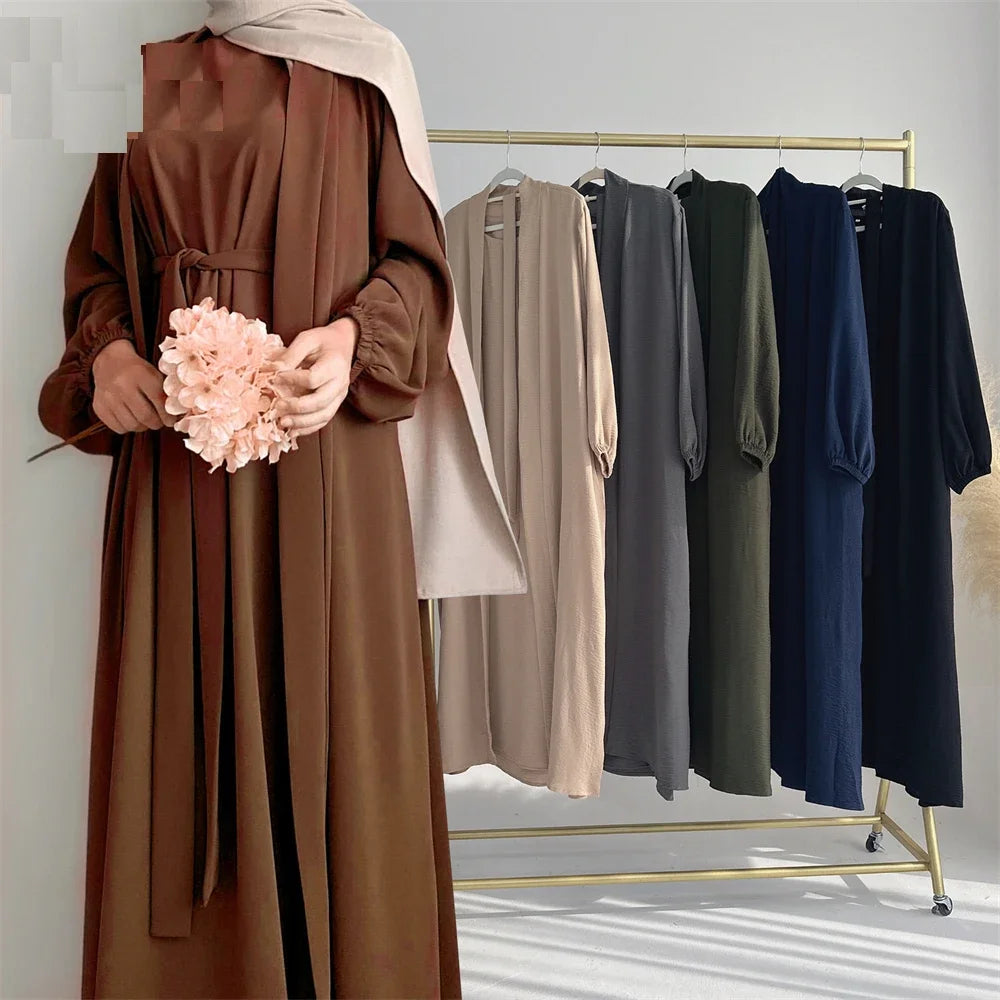 New Abaya Set Crinkle Fabric Open Abaya+Inner Long Dress Islamic Clothing Muslim Women Dresses Set