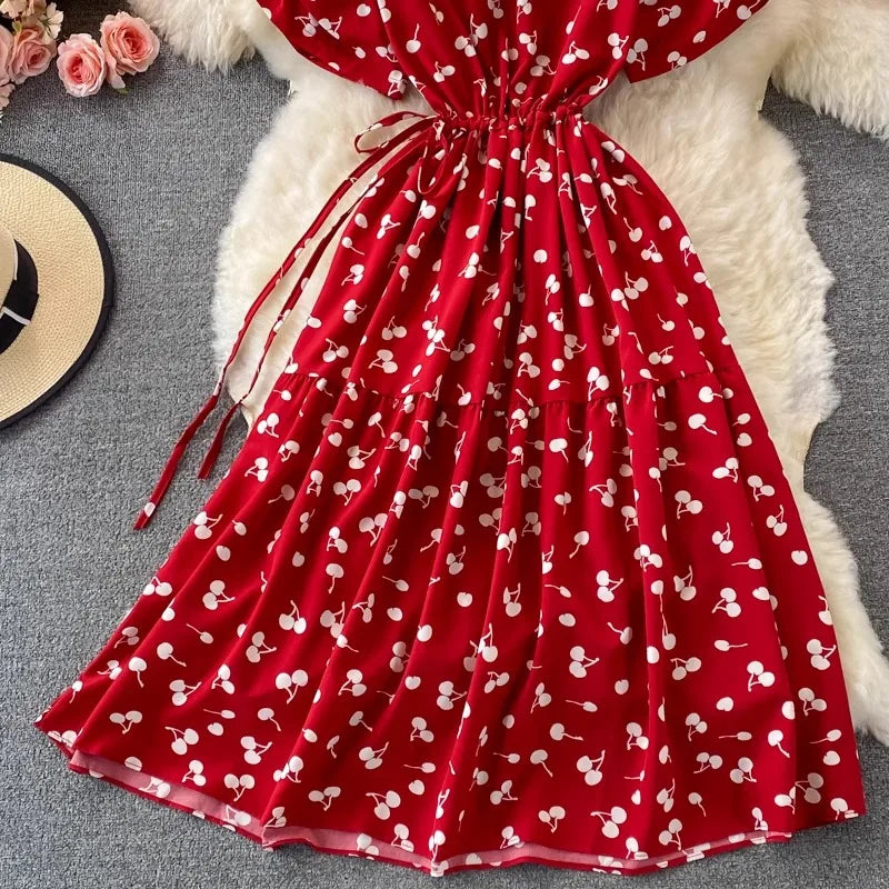 Women Dress Casual Vintage Drawstring Slim Waist A-line Long Dress Korean Fashion Sweet Cherry Printed Summer Dress