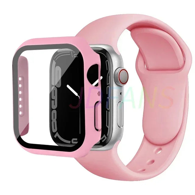 Glass+Case+Strap for Apple Watch Band 42mm 44mm 41mm 40mm 38mm 45mm 49mm Screen Protectors for Apple IWatch Series 8 7 6 SE 5 4