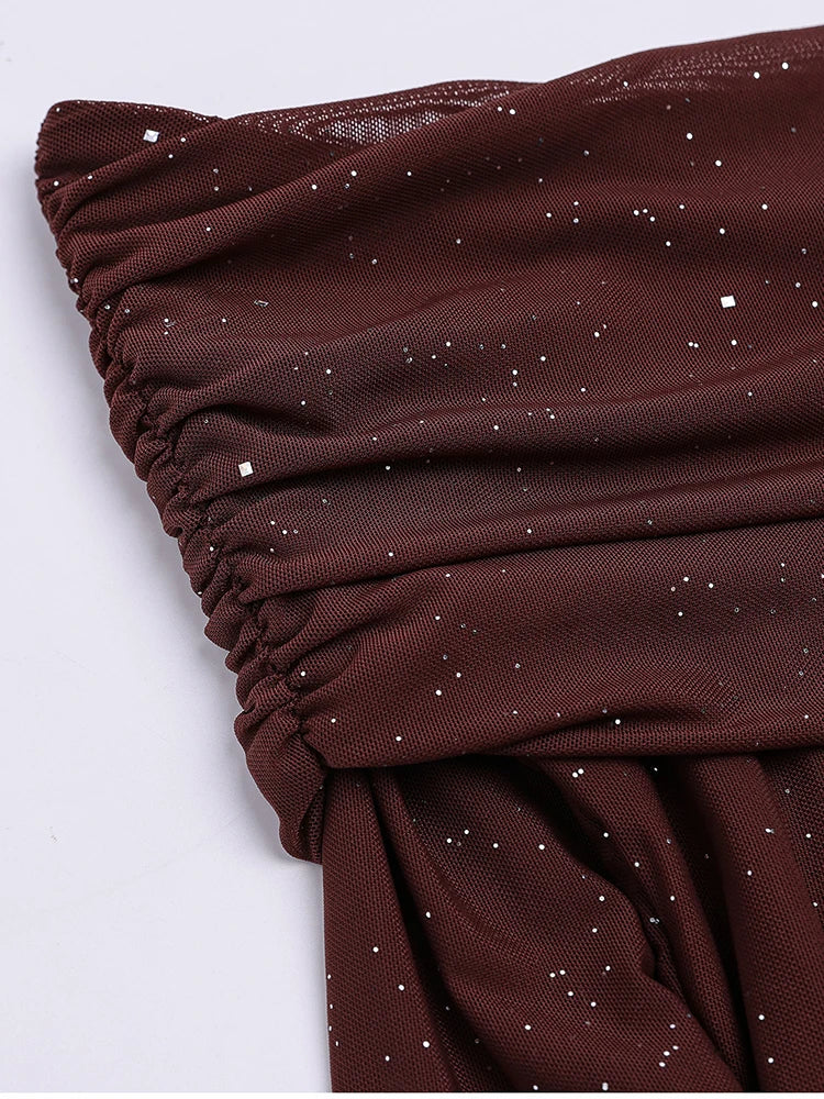 Women's Bell Sleeve Off Shoulder Sequin Long Dress Backless Double Layer Maxi Dresses