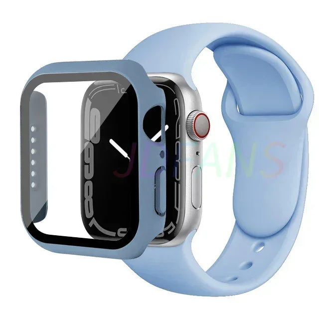 Glass+Case+Strap for Apple Watch Band 42mm 44mm 41mm 40mm 38mm 45mm 49mm Screen Protectors for Apple IWatch Series 8 7 6 SE 5 4