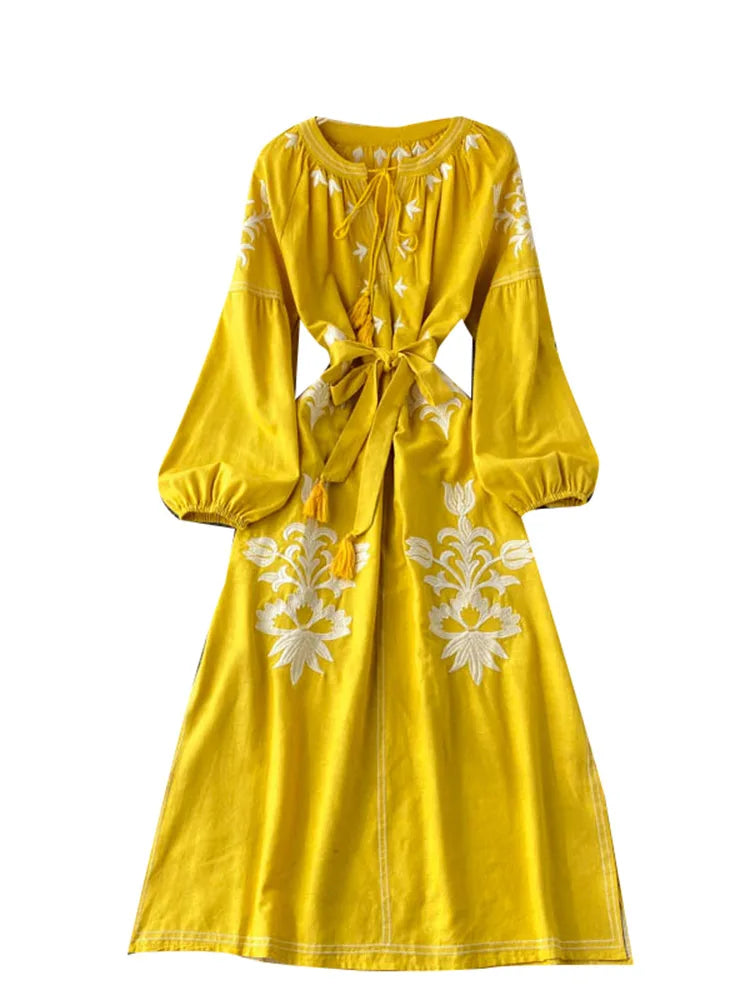 Women's Embroidered Dress V-neck Tie Split Retro Indie Folk Style Holiday Beach Long Dress