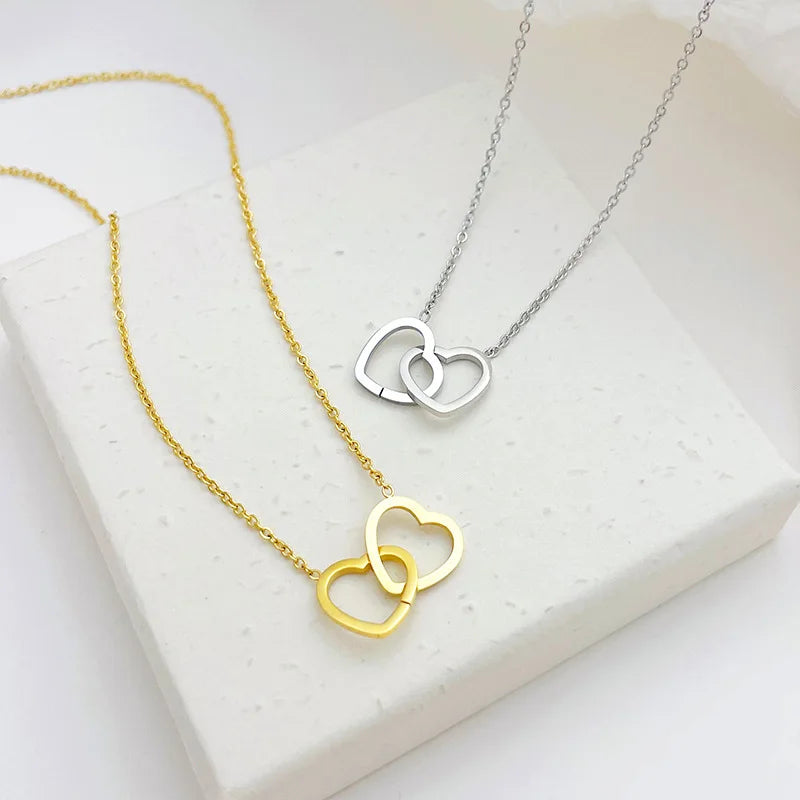 Double Heart Pendant Necklace for Women Couple Stainless Steel Choker Gold Color Chain Wedding Party Friends Jewelry Gift