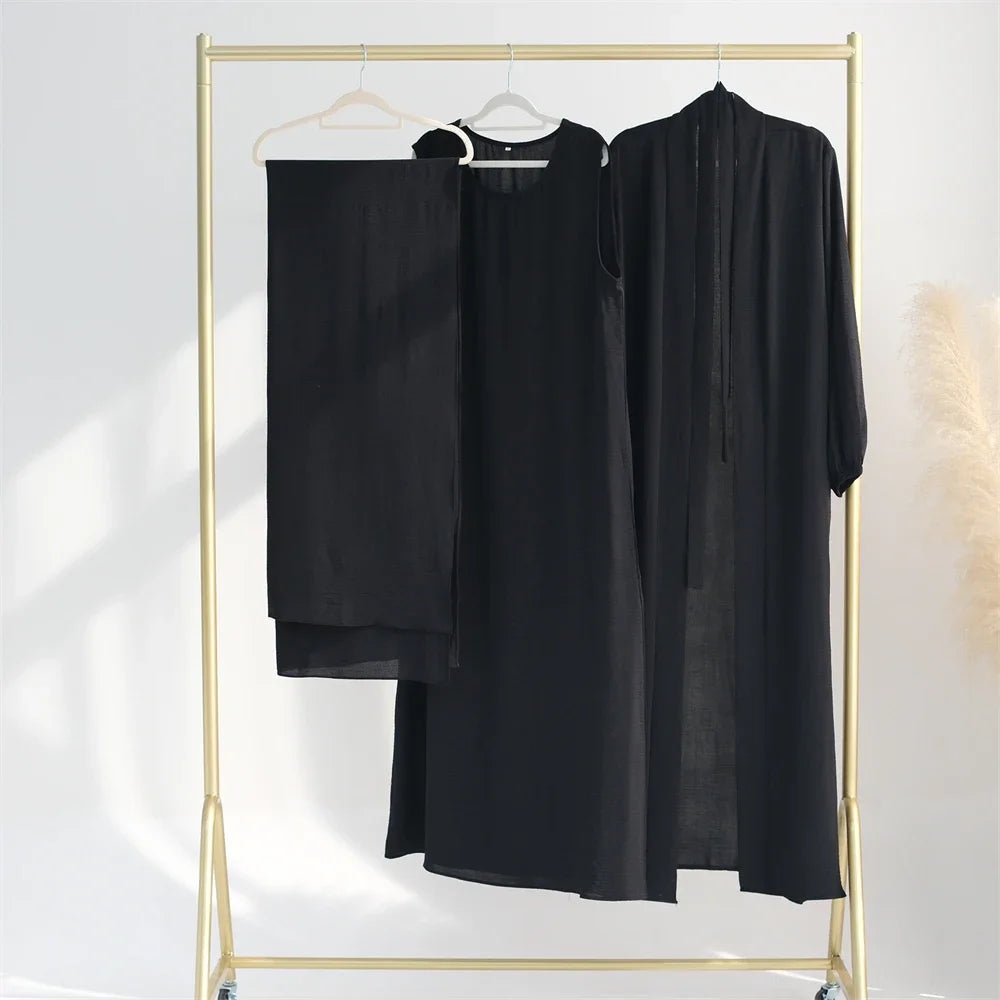 New Abaya Set Crinkle Fabric Open Abaya+Inner Long Dress Islamic Clothing Muslim Women Dresses Set