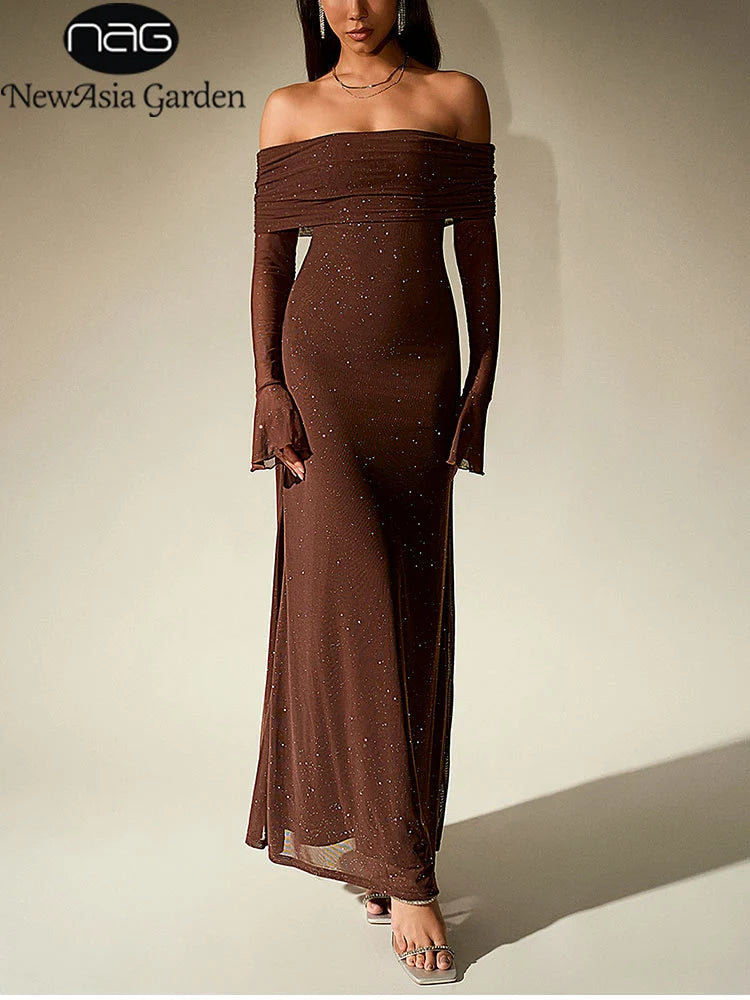 Women's Bell Sleeve Off Shoulder Sequin Long Dress Backless Double Layer Maxi Dresses