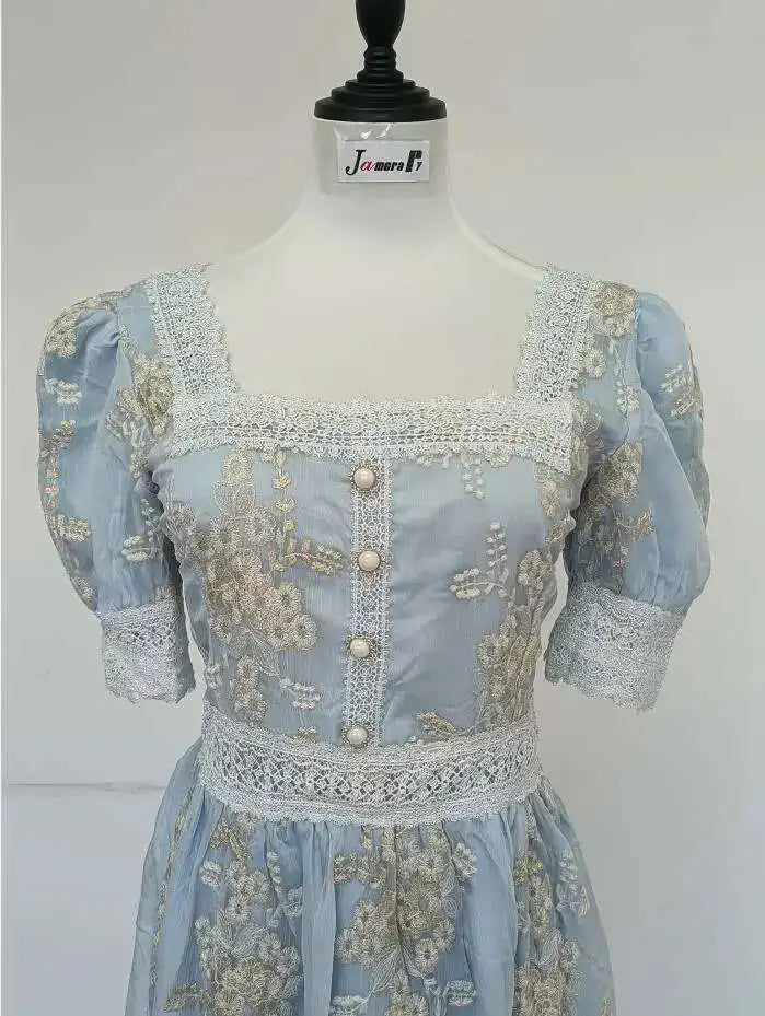 Flower Embroidery White Lace Prom Dresses Women Short Sleeve Fashion Dress Female New Style