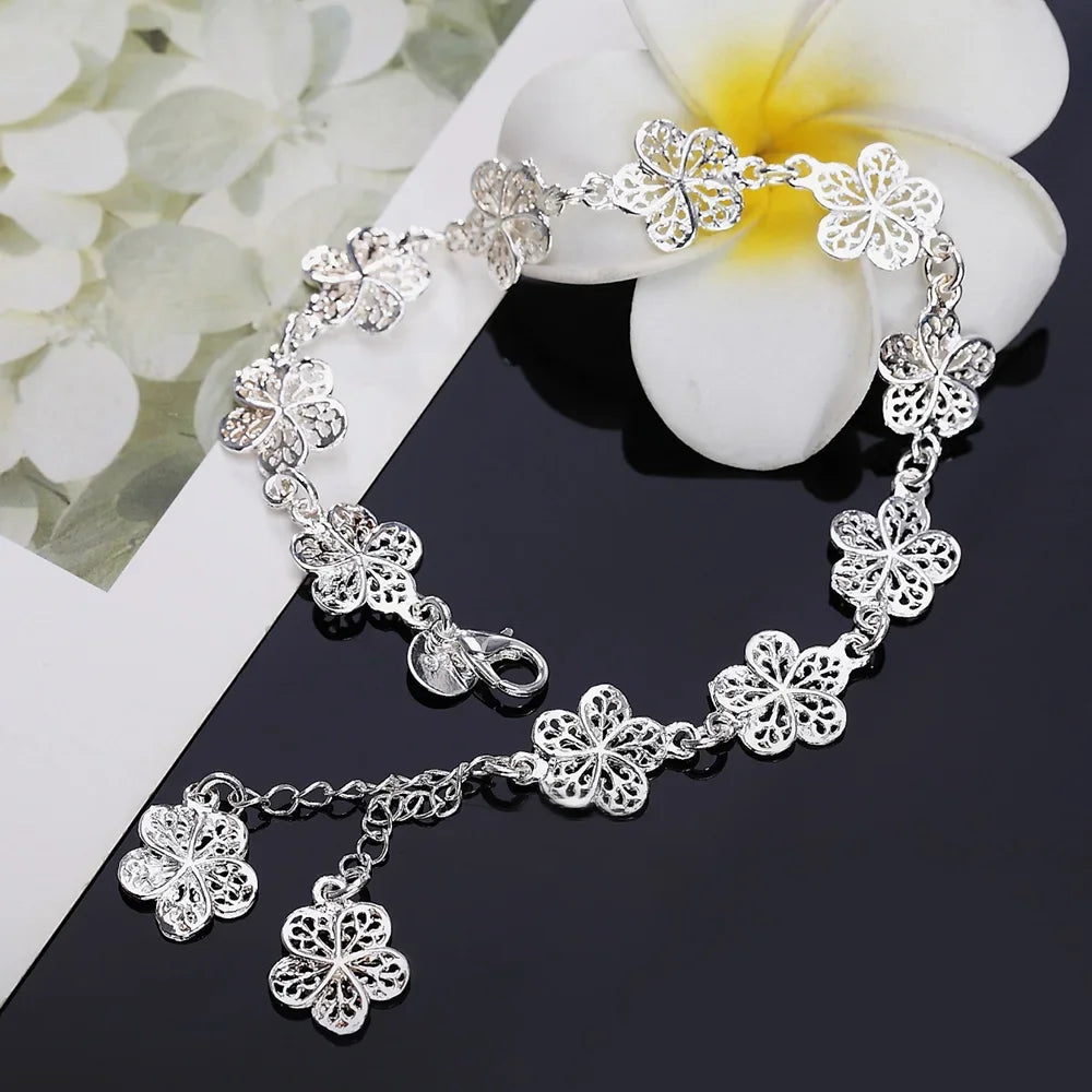 Silver charm Flowers Chain Bracelets for Women luxury Fashion Party Wedding Accessories Jewelry Christmas Gifts