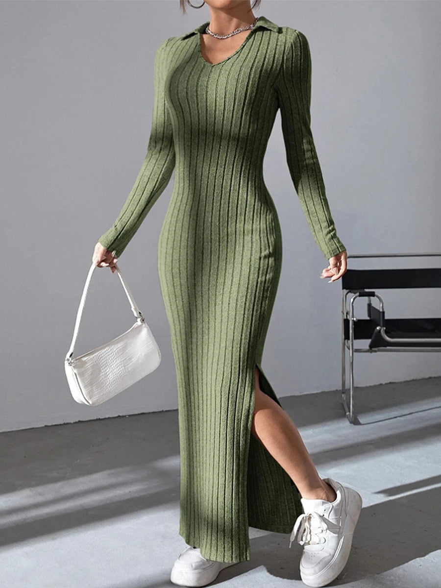 Women's Fall Winter Knitted Dress Long Sleeve Lapel Collar Solid Color Bodycon Long Dress
