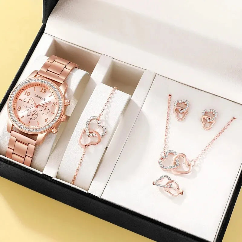 Rose Gold Luxury Watch Women Ring Necklace Earring Rhinestone Fashion Wristwatch Casual Ladies Bracelet Watches