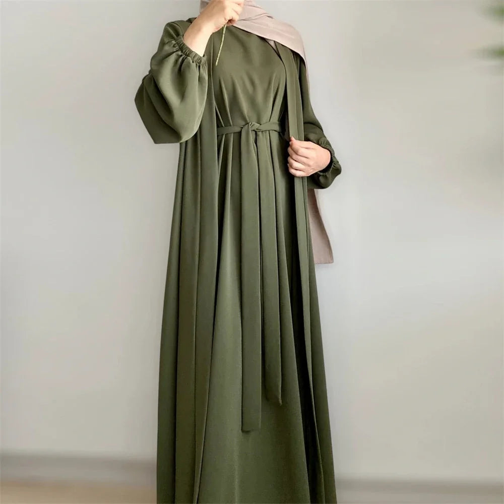 New Abaya Set Crinkle Fabric Open Abaya+Inner Long Dress Islamic Clothing Muslim Women Dresses Set