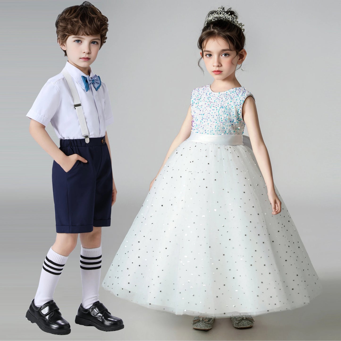 Kids Girl Princess White Long Dress For Occasions And Boy 2pcs Shirt+Pant Suit