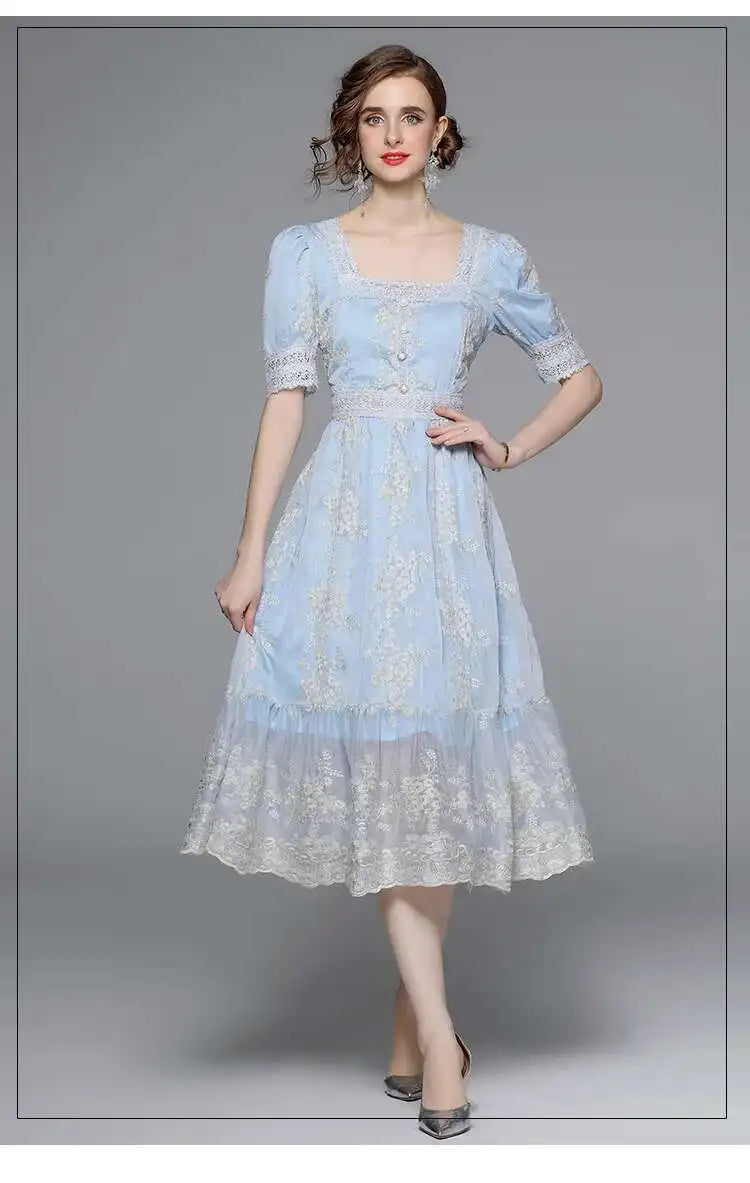 Flower Embroidery White Lace Prom Dresses Women Short Sleeve Fashion Dress Female New Style