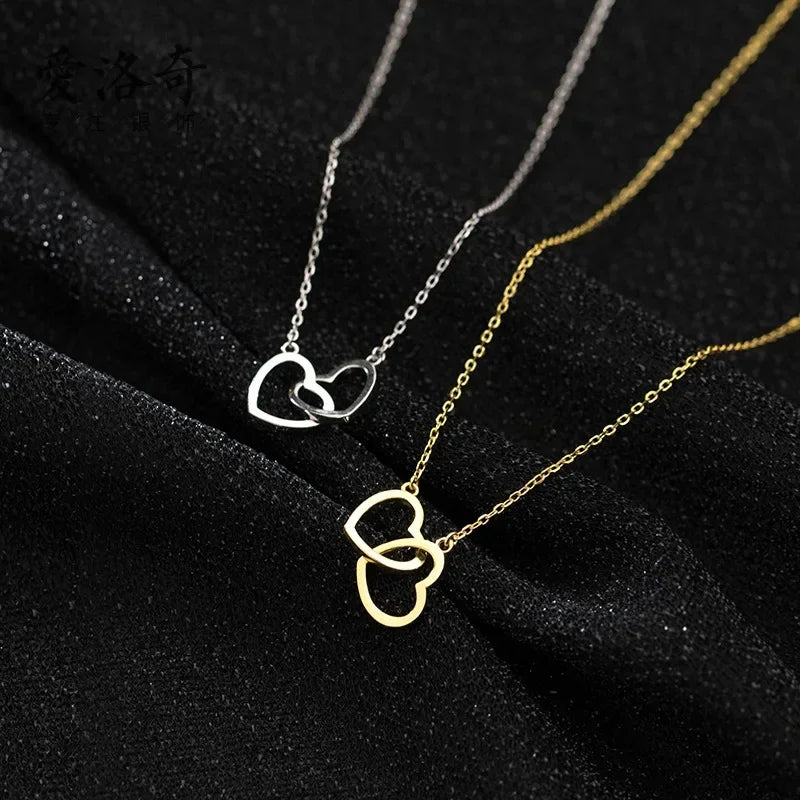 Double Heart Pendant Necklace for Women Couple Stainless Steel Choker Gold Color Chain Wedding Party Friends Jewelry Gift