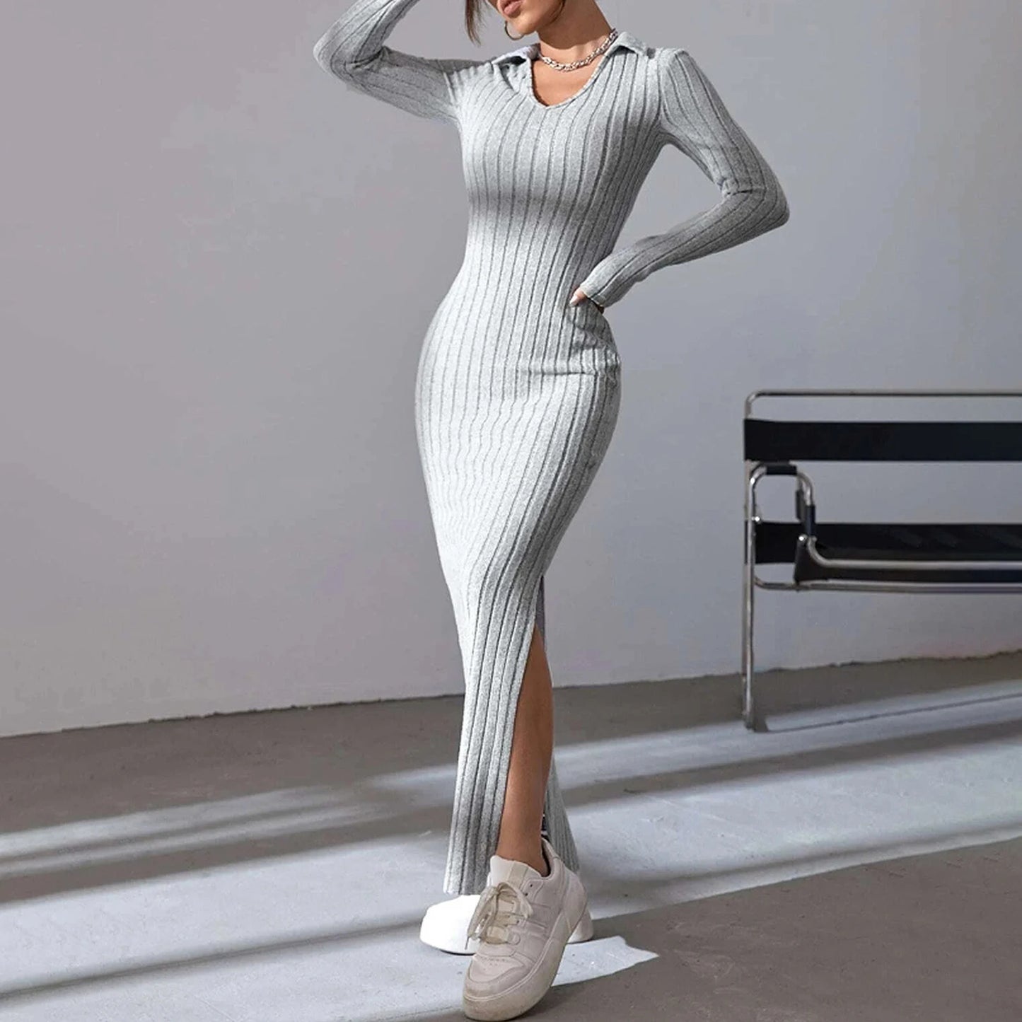 Women's Fall Winter Knitted Dress Long Sleeve Lapel Collar Solid Color Bodycon Long Dress
