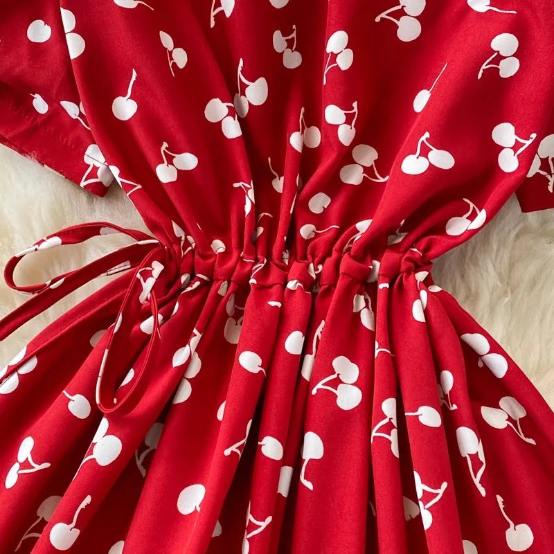Women Dress Casual Vintage Drawstring Slim Waist A-line Long Dress Korean Fashion Sweet Cherry Printed Summer Dress