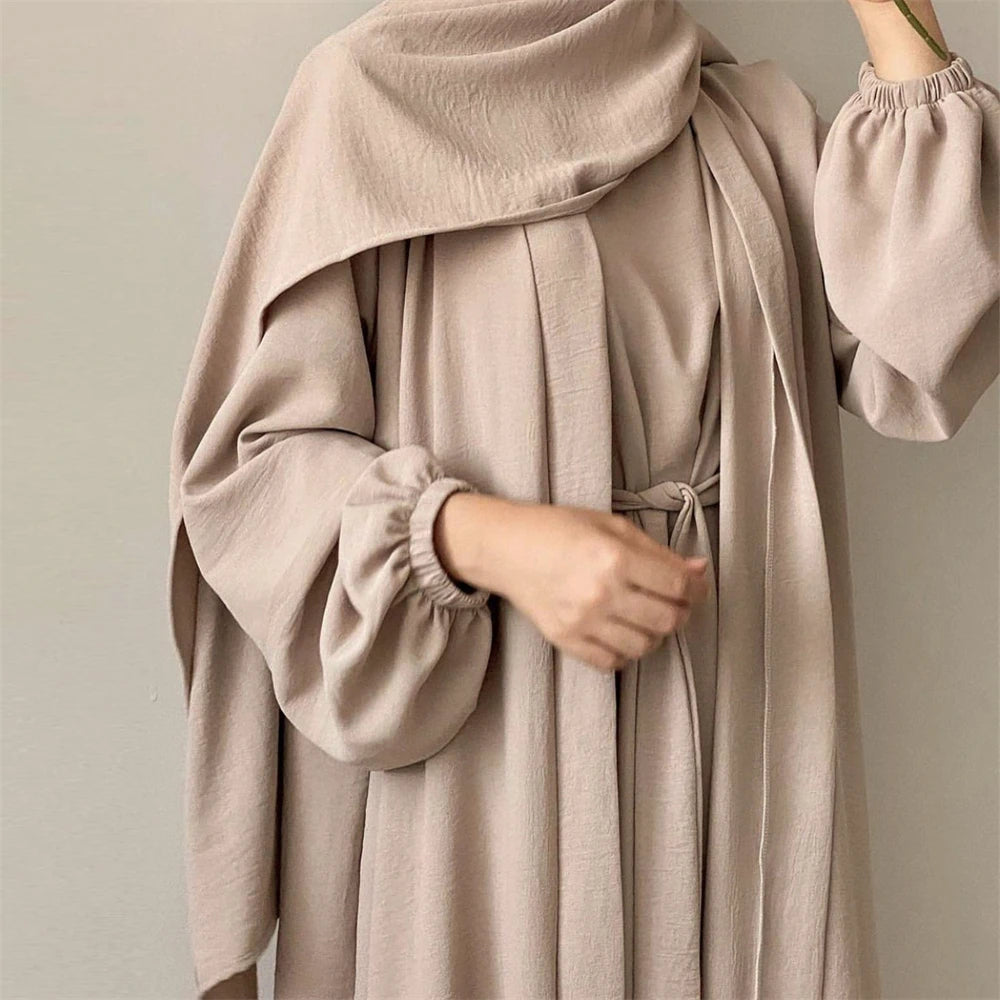 New Abaya Set Crinkle Fabric Open Abaya+Inner Long Dress Islamic Clothing Muslim Women Dresses Set