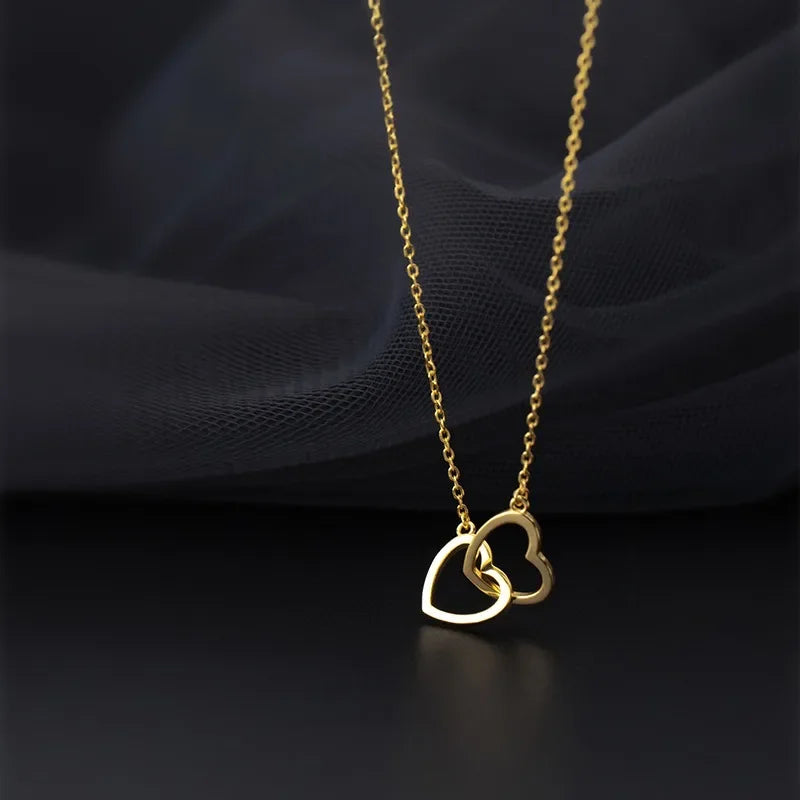 Double Heart Pendant Necklace for Women Couple Stainless Steel Choker Gold Color Chain Wedding Party Friends Jewelry Gift