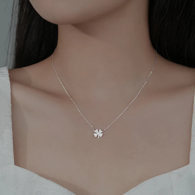 Real 925 Sterling Silver Zircon Clover Choker Necklace For Fashion Women Classic Fine Jewelry Minimalist Accessories