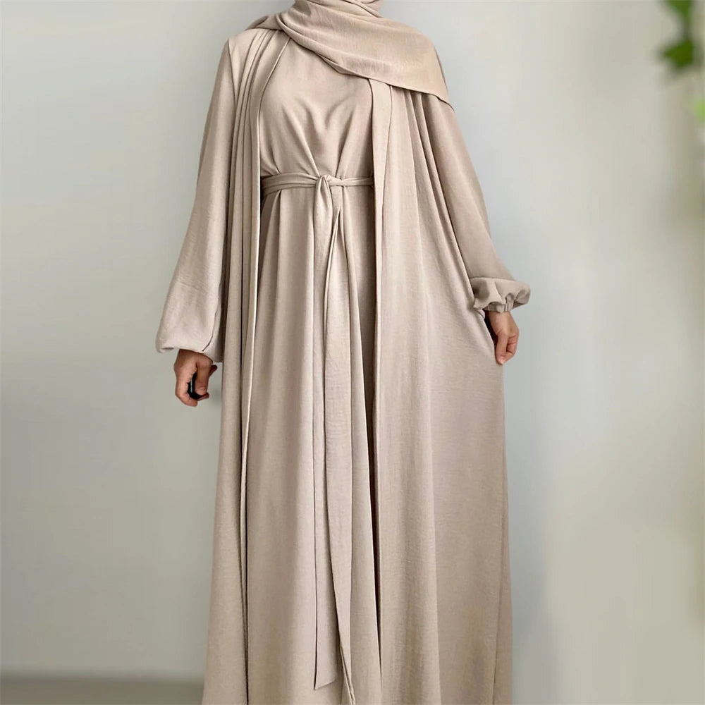 New Abaya Set Crinkle Fabric Open Abaya+Inner Long Dress Islamic Clothing Muslim Women Dresses Set