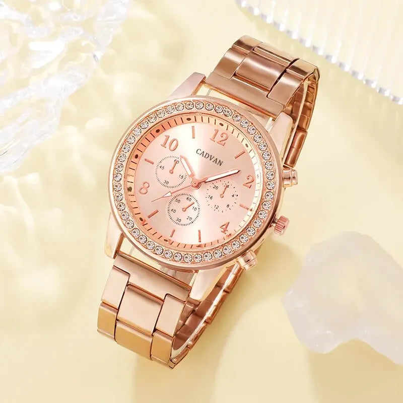 Rose Gold Luxury Watch Women Ring Necklace Earring Rhinestone Fashion Wristwatch Casual Ladies Bracelet Watches