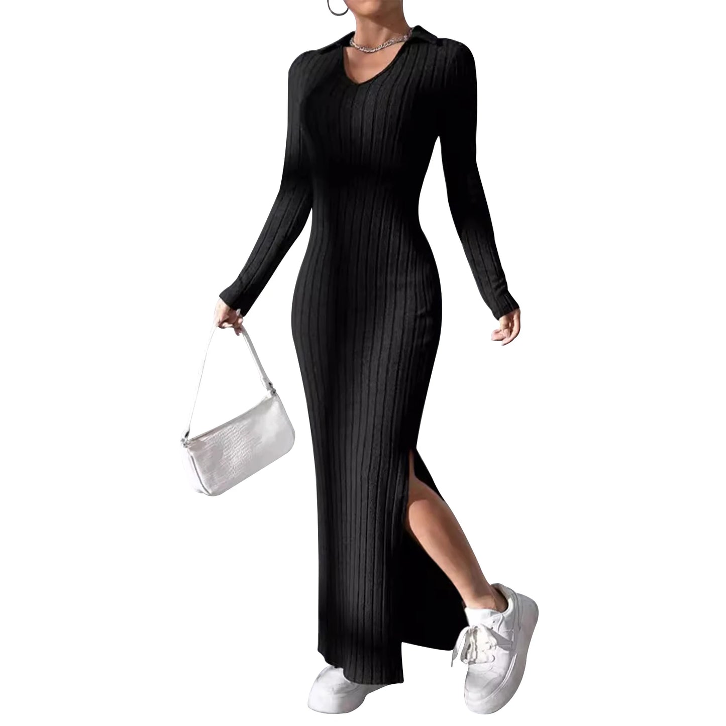 Women's Fall Winter Knitted Dress Long Sleeve Lapel Collar Solid Color Bodycon Long Dress