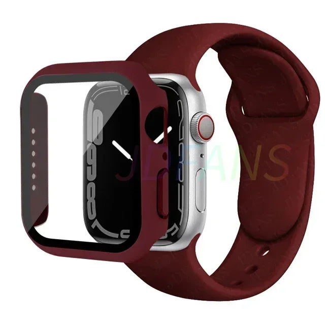 Glass+Case+Strap for Apple Watch Band 42mm 44mm 41mm 40mm 38mm 45mm 49mm Screen Protectors for Apple IWatch Series 8 7 6 SE 5 4