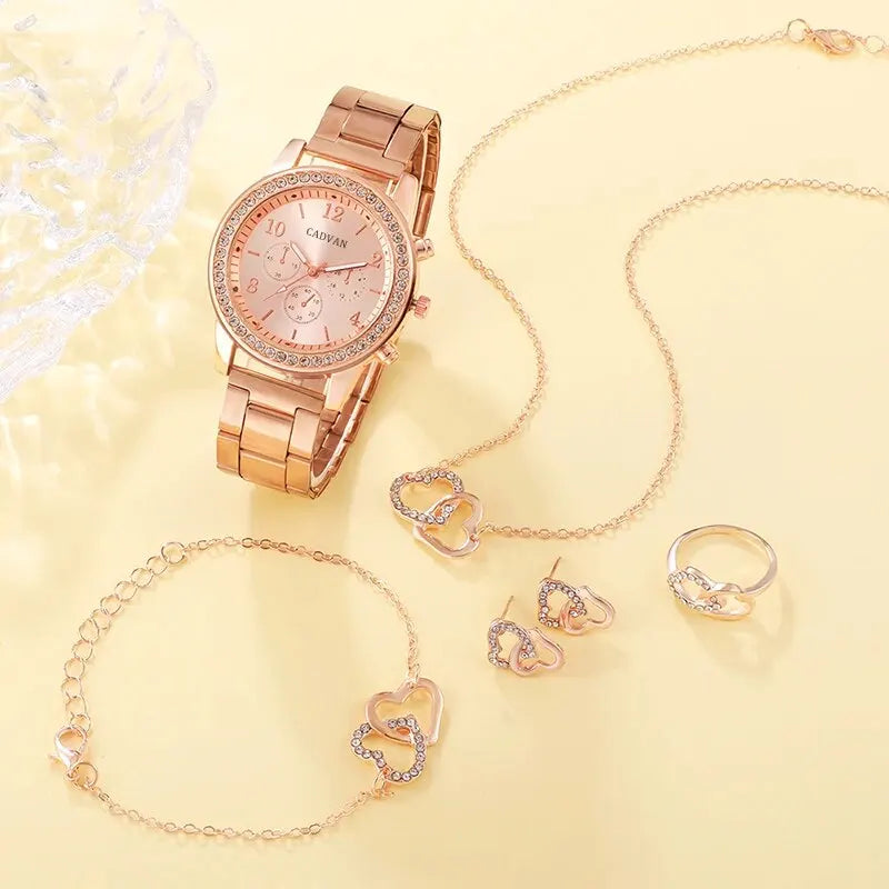 Rose Gold Luxury Watch Women Ring Necklace Earring Rhinestone Fashion Wristwatch Casual Ladies Bracelet Watches