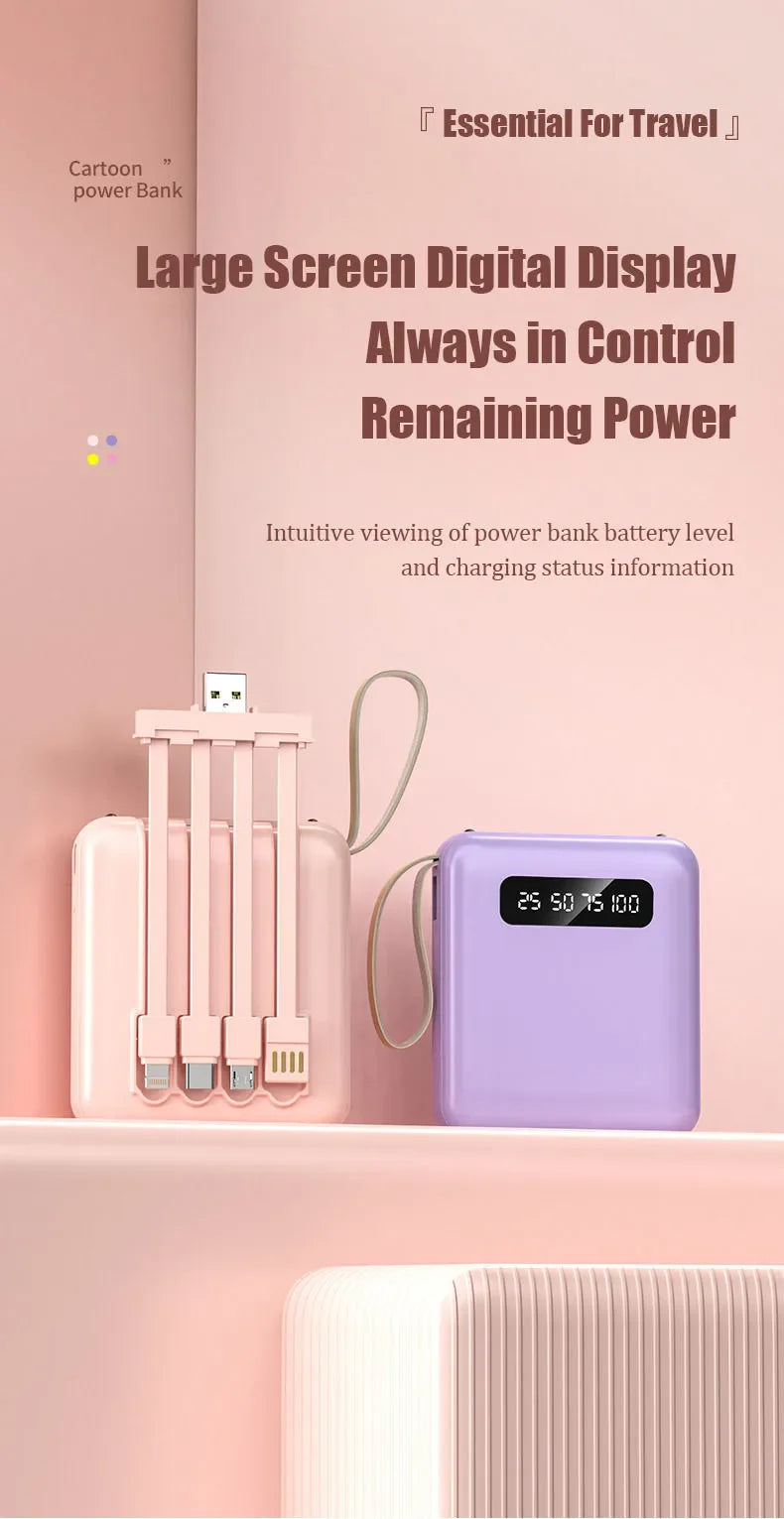 Phone Power Bank with 4 Charging Cables Mini Large Capacity Mirrored Power Bank Portable Fast Charging Powerbanks 20000 10000mAh