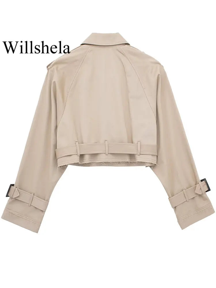 Women Fashion With Belt Cropped Trench Jacket Vintage Notched Neck Long Sleeve Coat