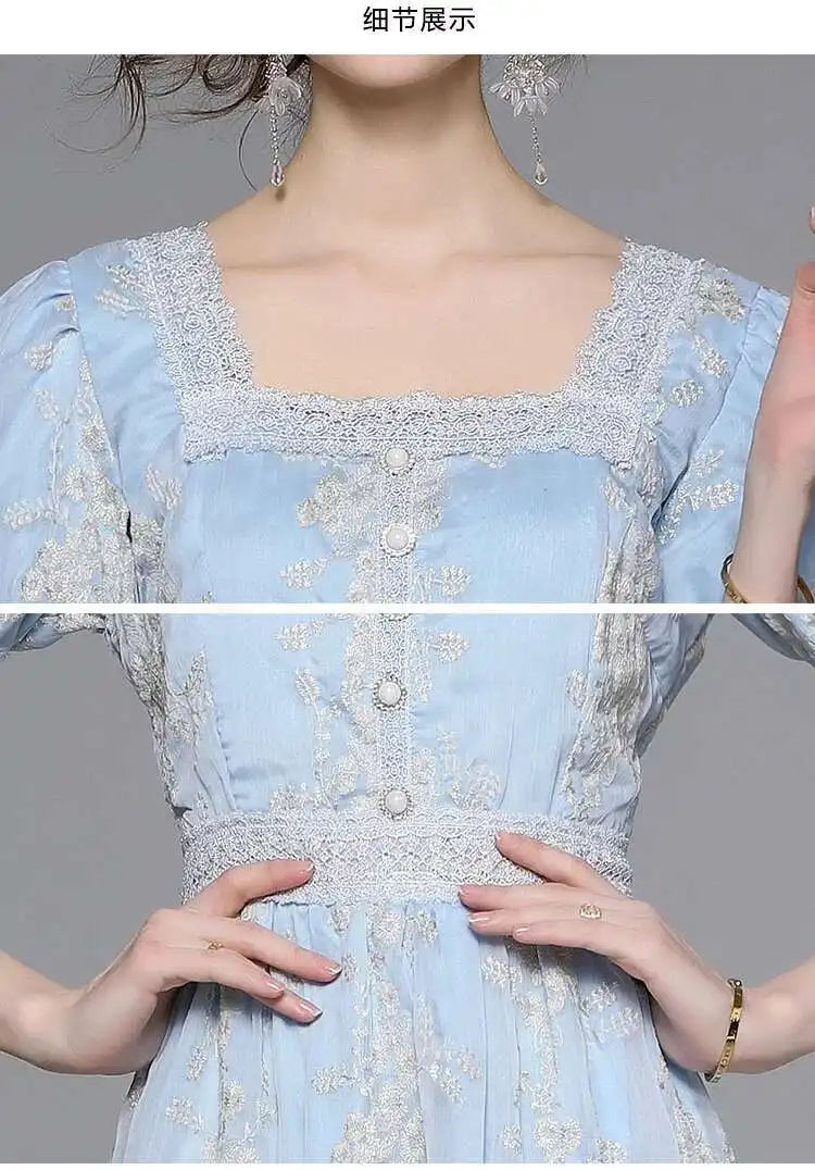 Flower Embroidery White Lace Prom Dresses Women Short Sleeve Fashion Dress Female New Style