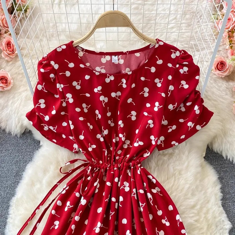 Women Dress Casual Vintage Drawstring Slim Waist A-line Long Dress Korean Fashion Sweet Cherry Printed Summer Dress