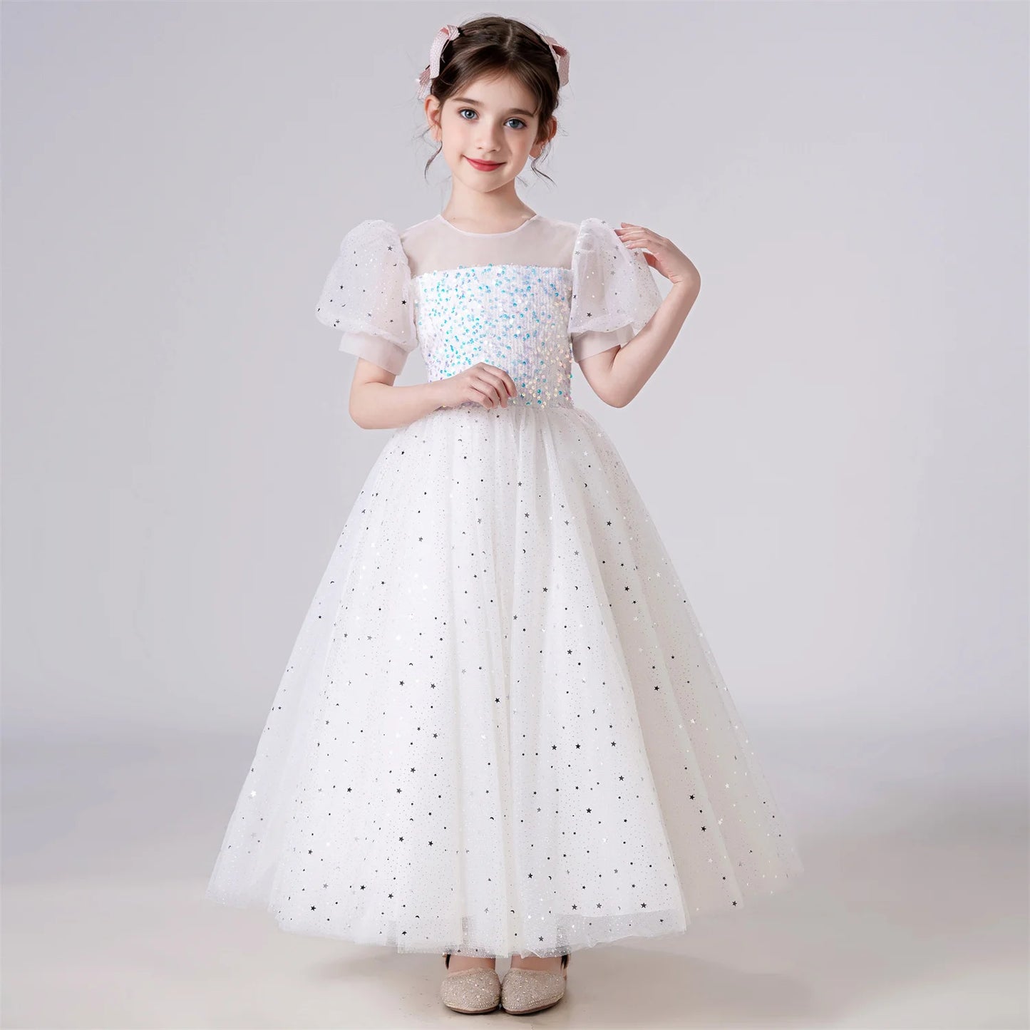 Kids Girl Princess White Long Dress For Occasions And Boy 2pcs Shirt+Pant Suit