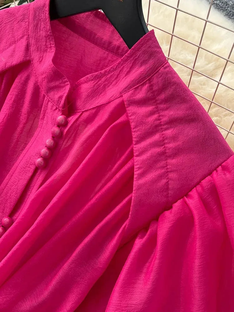 European American Dress in White Black Fashionable Lantern Sleeves Cinching Large Swing Long Dress